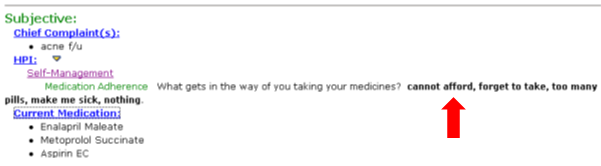 Screenshot showing medication adherence issues built into visit documentation template (used with permission from CHC, Inc. and eClinicalWorks)